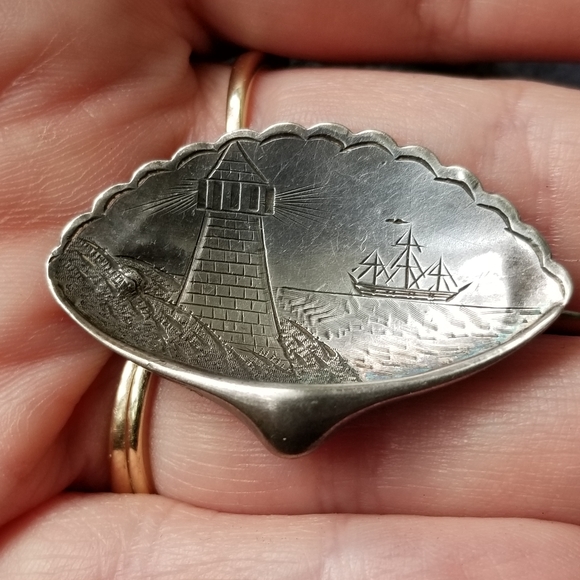 Relisted -Antique Victorian Aesthetic lighthouse and ship brooch Sterling Silver - Picture 3 of 16